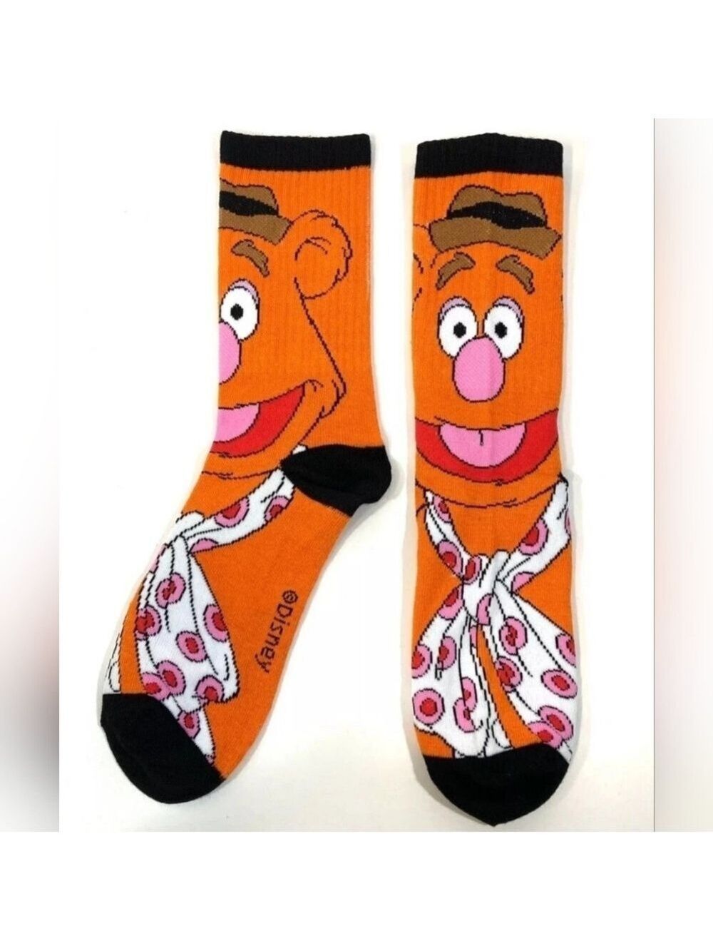 4/$25 Disney Fozzie Bear Orange and Black Graphic Novelty Crew Socks New